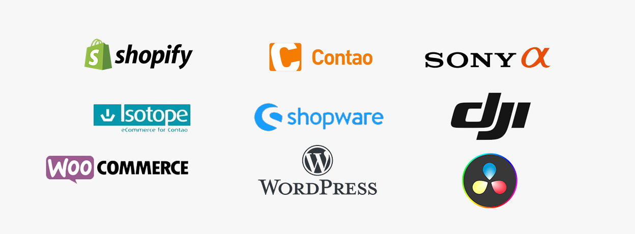 Contao, Shopware, Wordpress, Isotope for Contao, WooCommerce, Shopify, Sony Alpha, DJI, Davinci Resolve